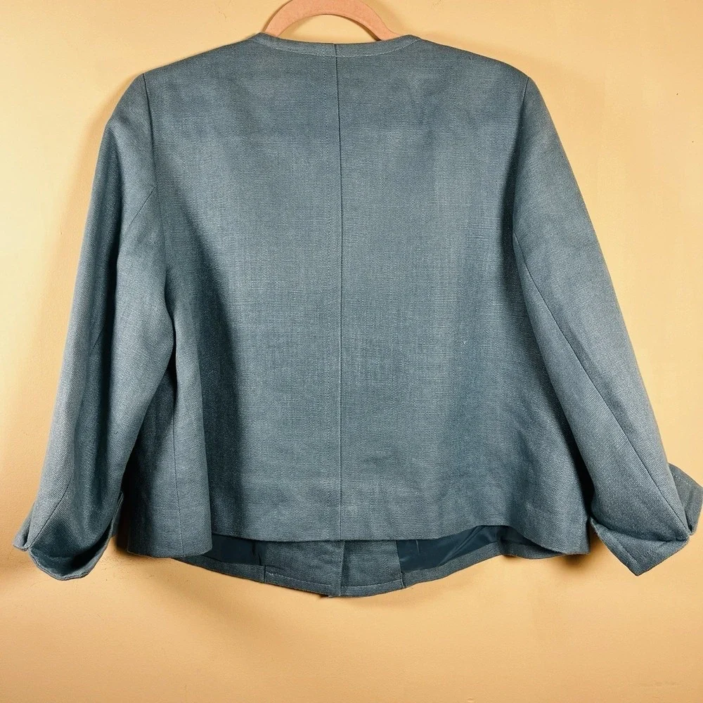 Talbots Woman Petites Blue 100% Linen Collarless Button Jacket 14WP Tailored